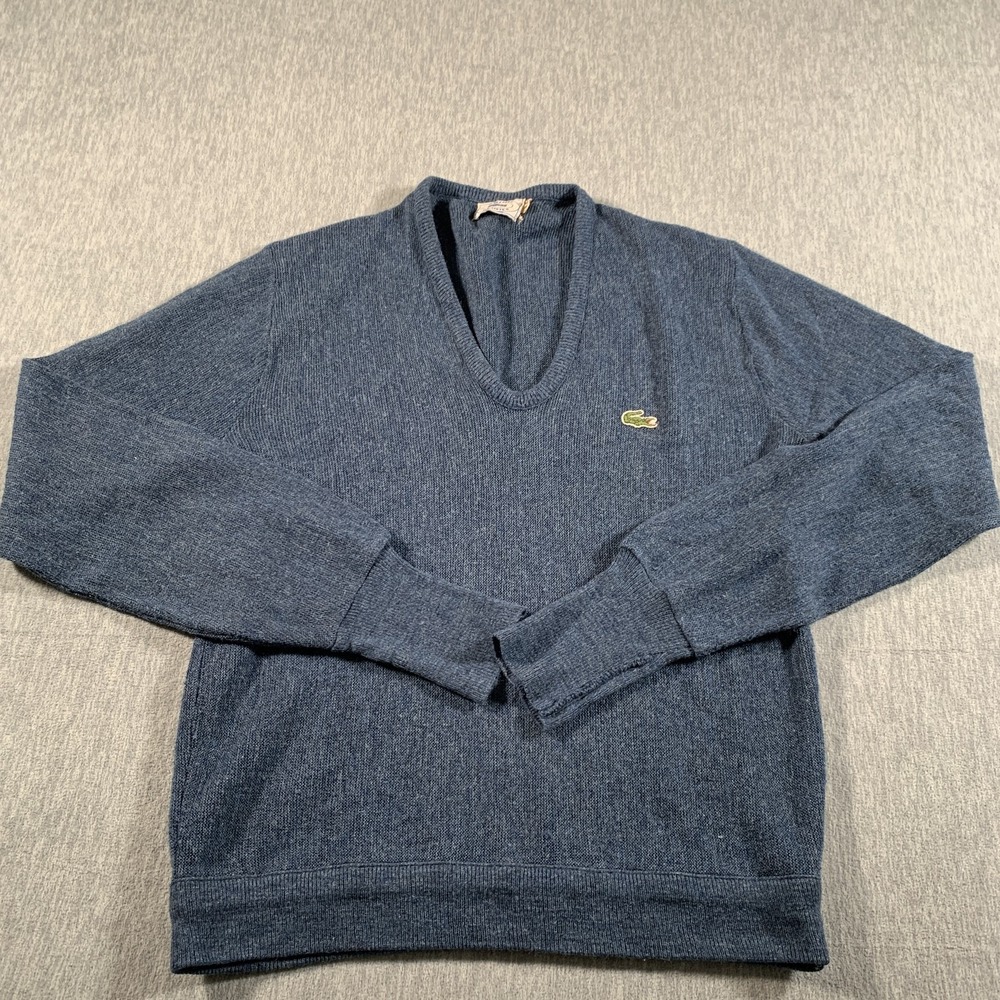 Vintage IZOD Lacoste Sweater Mens Medium Blue V Neck Pullover Alligator Logo 80s